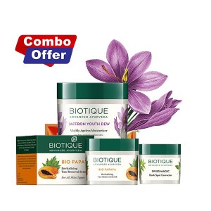 Biotique Bio Papaya Scrub 75g + Bio Saffron Nourishing Day Cream 50g + Bio Anti Tan Facial Kit 65gm Combo Pack